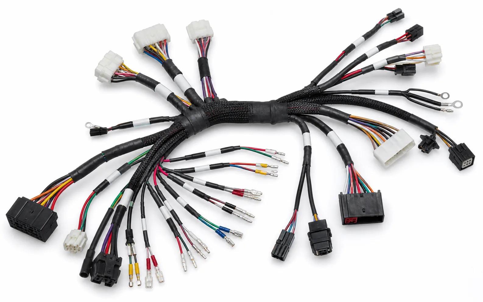 Custom branched wire harness with protective sleeving and multiple connector housings