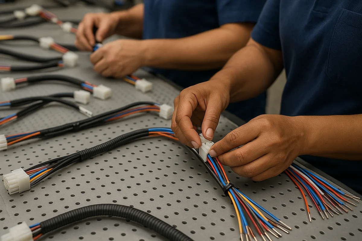 Wire harness assembly work at a production bench
